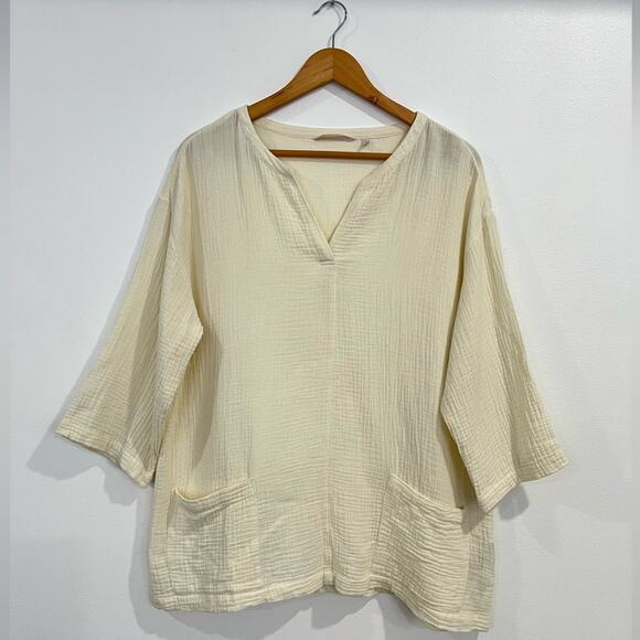 Soft Surroundings Araza Gauze Shirt Cotton Blouse L Minimalist Coastal Lagenlook - Picture 1 of 6